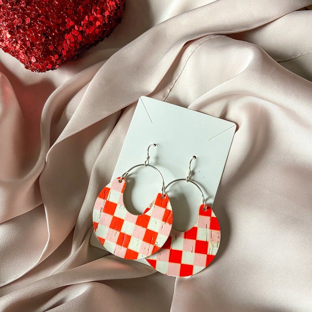 Valentine check hoop cork leather earrings | multi color leather crescent hoop earrings | choose ... | Etsy (US)