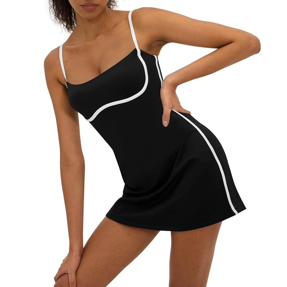 Womens Tennis Dress with Built in Shorts Sleeveless Square Neck Suspender Yoga Dress | Amazon (US)