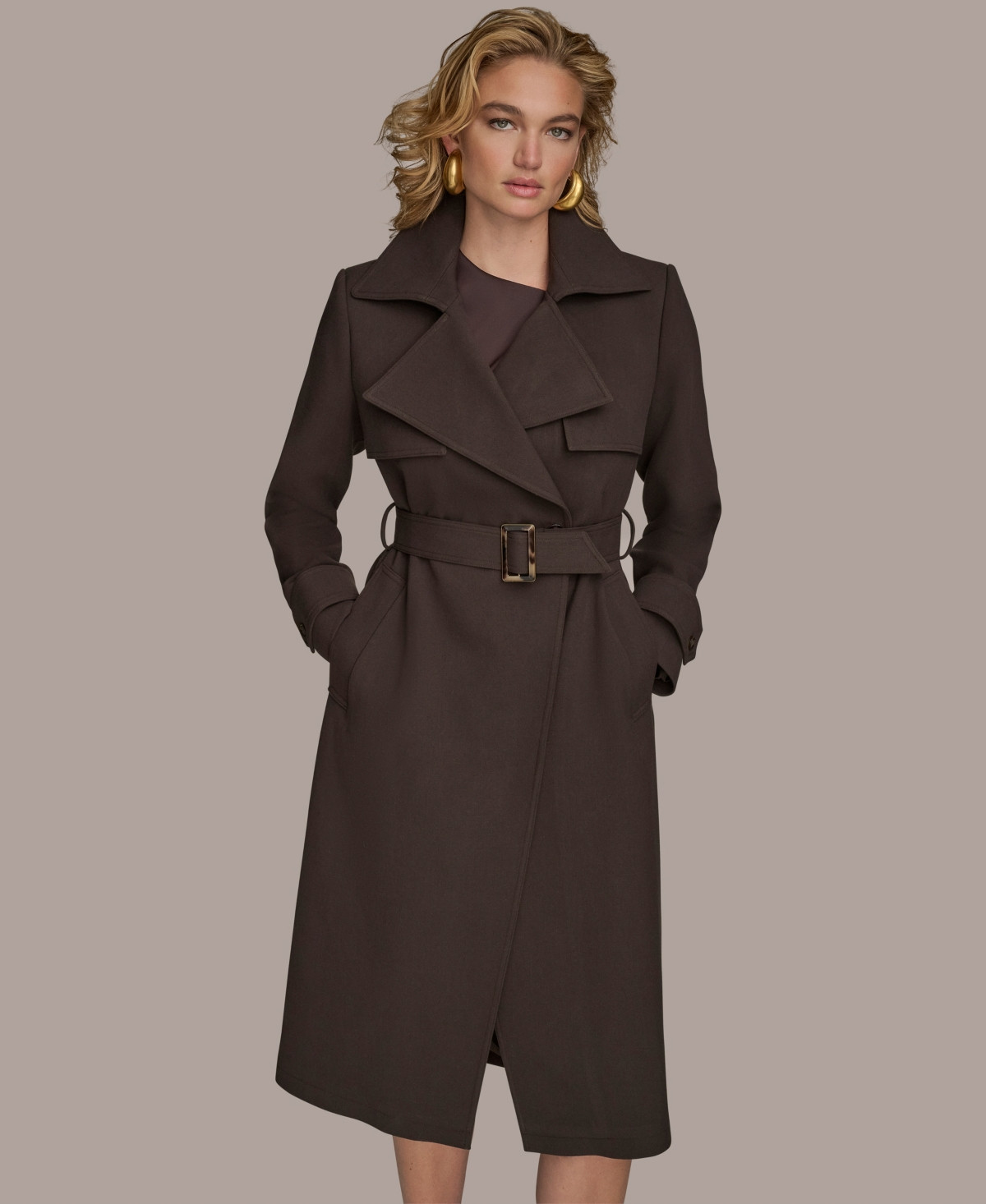 Donna Karan New York Women's Belted Notched-Collar Trench Coat - Chocolate | Macy's