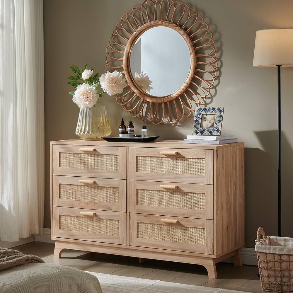 Okvnbjk 6 Drawer Dresser for Bedroom, Rattan Dressers & chests of Drawers with Wood Handles, Boho... | Amazon (US)