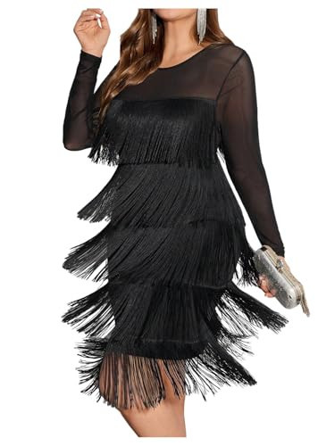 BEAUDRM Women's Plus Size Tassel Bodycon Dress Fringe Mesh Crewneck Long Sleeve Evening Party Cocktail Dresses Black 4X-Large Plus | Amazon (US)