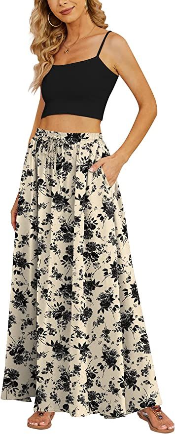 Yincro Women's Flowy Maxi Skirt Summer Pleated High Waisted Casual Long Skirts with Pockets | Amazon (US)