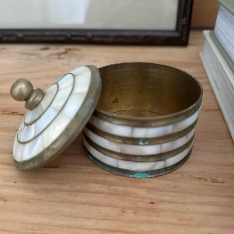 VTG Vintage Set of 2 Brass & Mother of Pearl Shell Lidded Trinket Jars | Etsy (US)