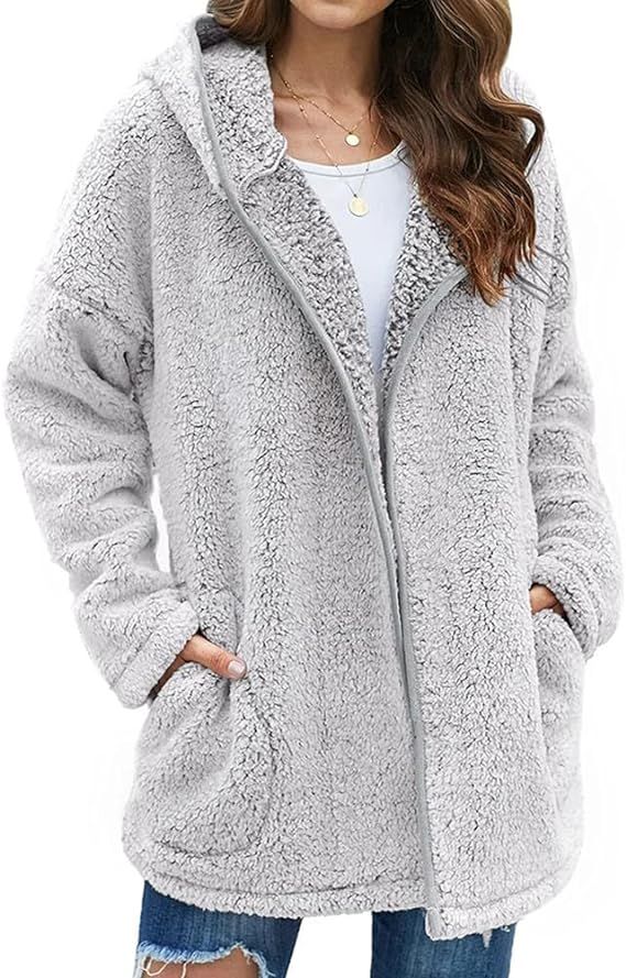 Danedvi Women Hooded Fuzzy Fleece Coat Solid Oversized Contrast Color Edging Winter Warm Fur Jack... | Amazon (US)