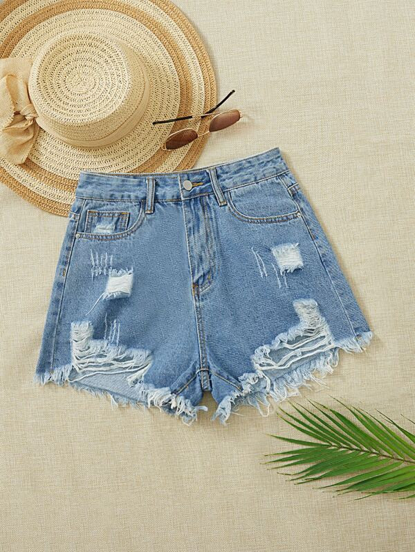 SHEIN VCAY Ripped Raw Cut Denim Shorts | SHEIN