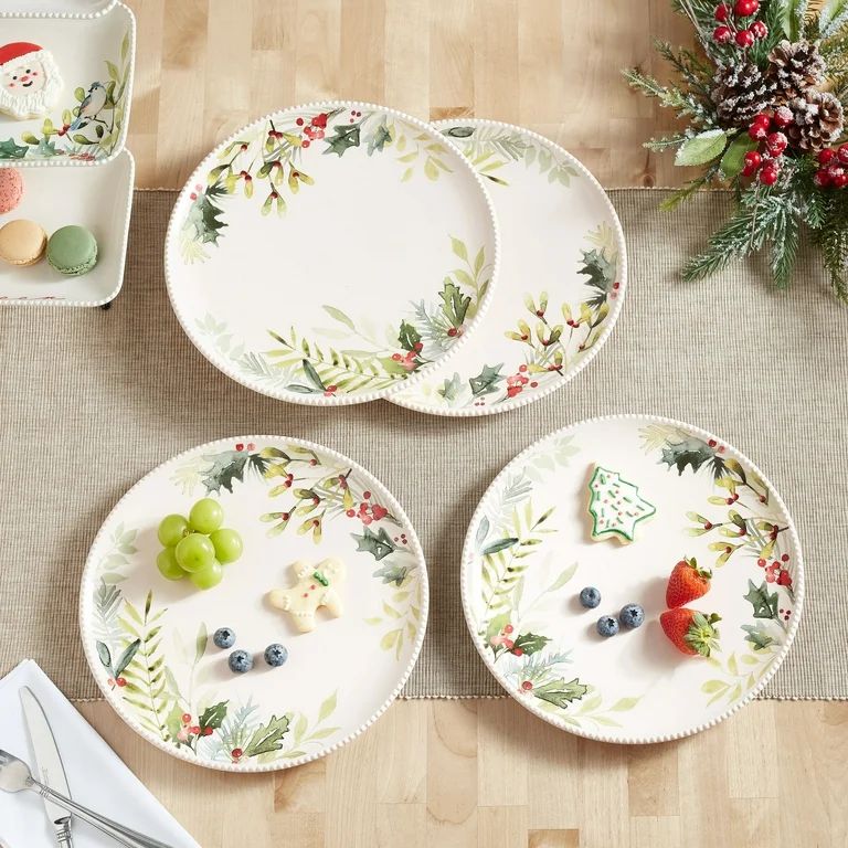 Better Homes & Gardens Winter Botanicals Round Stoneware Dinner Plates, 4 Count, 10.98” Dia | Walmart (US)