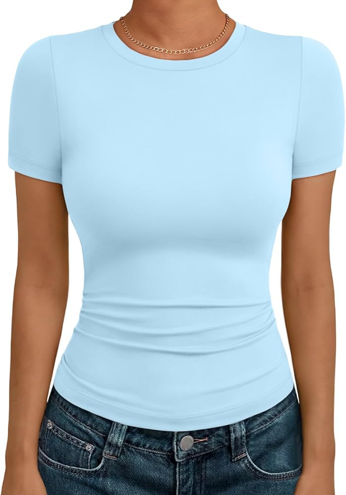AUTOMET Women's Crew Neck Short Sleeve Summer Basic T-Shirt Stretchy Tight Fitted Soft Going Out ... | Amazon (US)