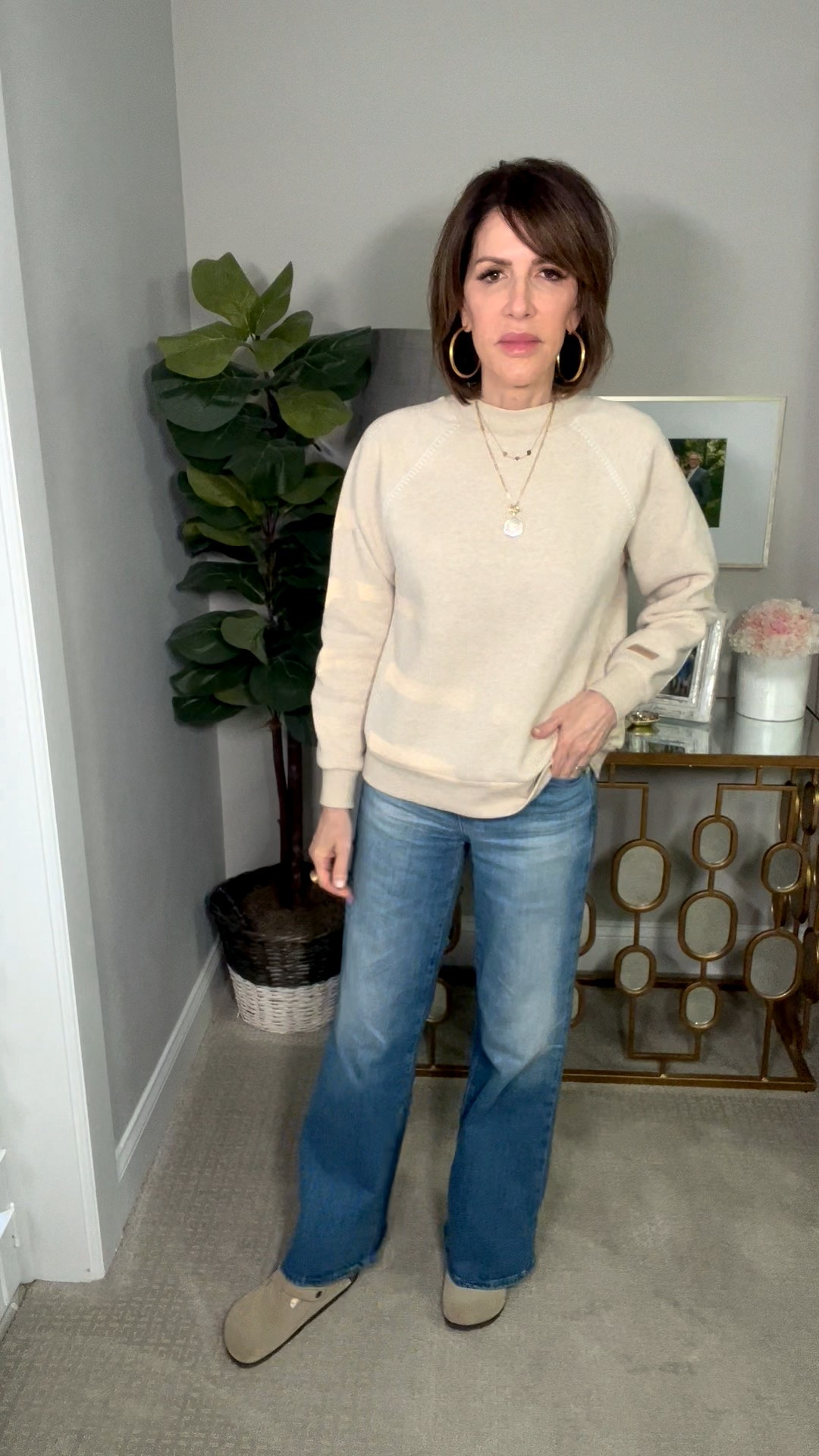 oatmeal pullover, gold jewelry, gold hoops, monogram necklace, over 50 outfits 

#LTKootd #LTKGiftGuide #LTKOver40