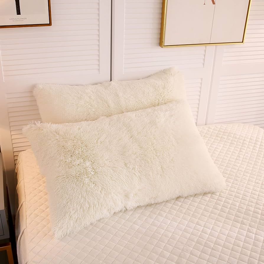LIFEREVO 2 Pack Cream Faux Fur Pillow Shams,Shaggy Plush Home Decorative Luxury Series Super Soft... | Amazon (US)