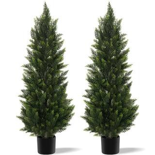 2 Sets Green Plants 4 ft. Artificial Topiary Cedar Tree w/ Black Pot 48 in. Faux Pine Shrub Plant... | The Home Depot