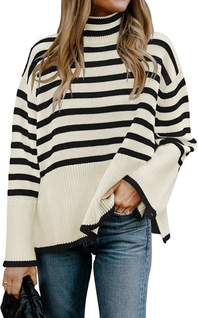 ZESICA Women's 2023 Winter Sweaters Casual Turtleneck Long Sleeve Striped Side Slit Loose Pullove... | Amazon (US)