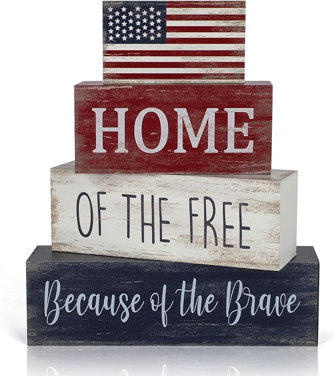 4th of July Decorations, 4 Sets Patriotic Wooden Block Table Centerpieces, Red White Blue Indepen... | Amazon (US)