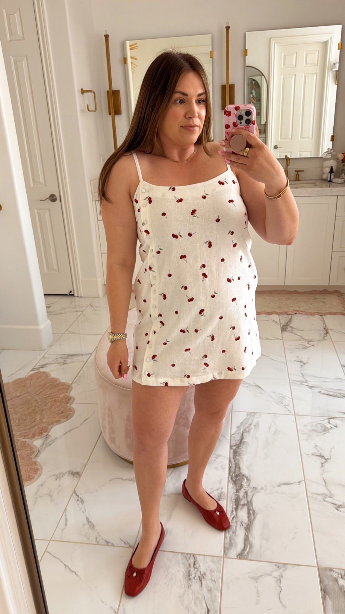 curvy midsize spring outfit! wearing size large in linen cherry print romper (has shorts!) 

#LTKMidsize #LTKSpringSale #LTKFindsUnder100