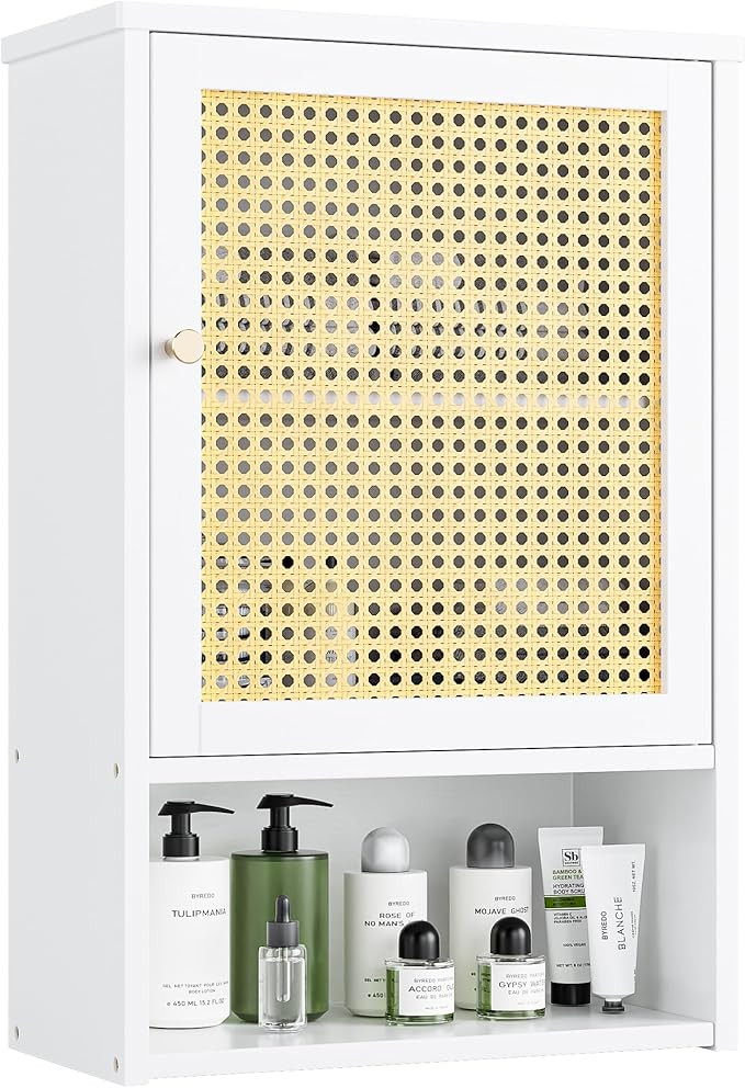 Bathroom Wall Cabinet, Bamboo Over-The-Toilet Storage Organizer with Rattan Doors and Adjustable ... | Amazon (US)