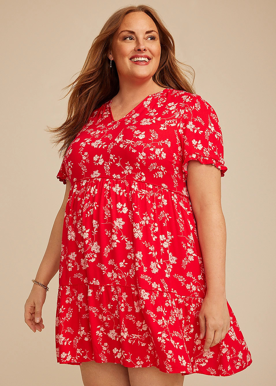 Plus Size Red Floral Tiered Mini Dress | Maurices