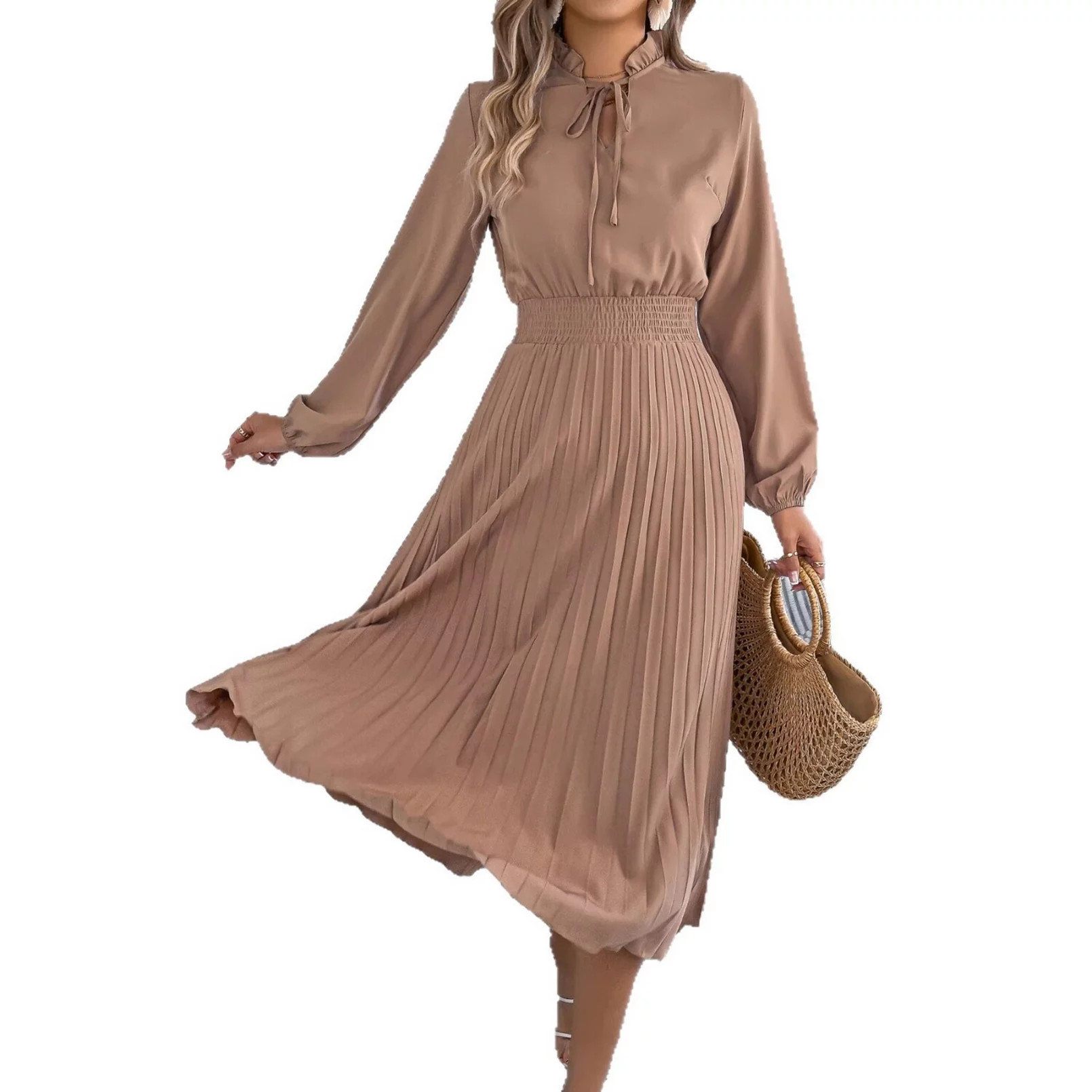 Women's Mock Neck Lantern Long Sleeve Pleated Midi Dresses Solid Color Elegant Casual Dress | Kohl's
