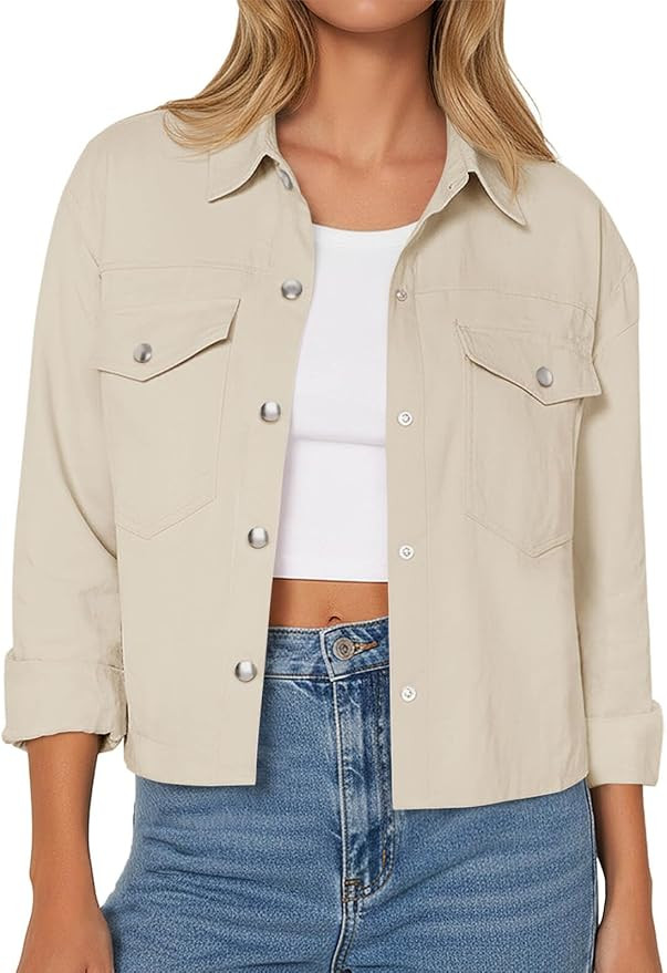 Yousify Womens Cropped Casual Jackets Button Down Lapel Shacket Coats Short Outerwear with Pocket... | Amazon (US)
