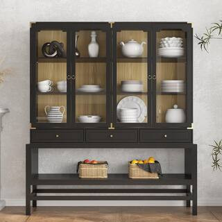 66.1 in. W Black Wood Kitchen Cabinet with 4 Glass Doors, 3 Drawers, Open Shelf, Glass Display Ca... | The Home Depot