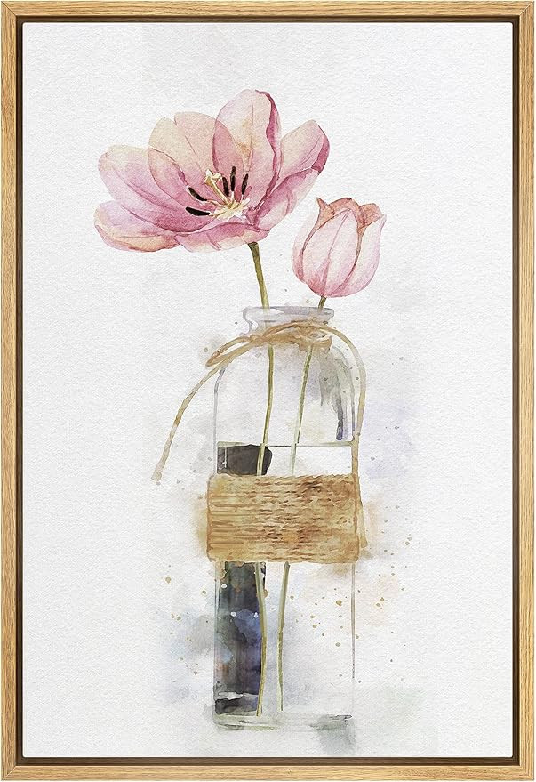 wall26 Framed Canvas Print Wall Art Watercolor Bouquet of Pink Tulips in Glass Vase Floral Botani... | Amazon (US)