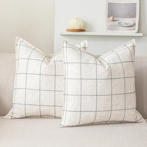 White Euro Pillow Covers 26x26 Set of 2, White Checkered Plaid Decorative Linen Pillow Covers 26 x 26, Ivory Cream Minimalist Room Decor Pillows for Couch | Amazon (US)