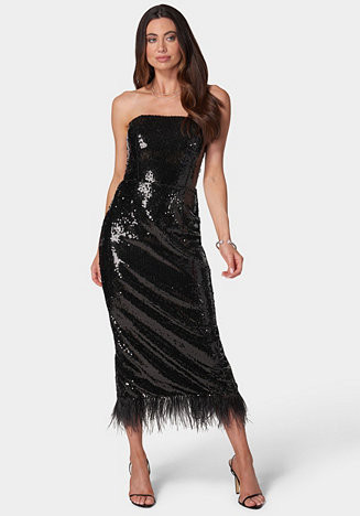 Bebe Women's Feather and Sequin Strapless Midi Dress - Macy's | Macy's