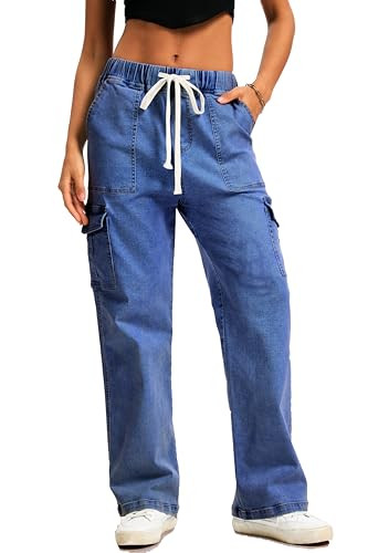 HVEPUO Womens High Waisted Cargo Pants Y2K Baggy Straight Leg Stretchy Jeans for Women Streetwear... | Amazon (US)