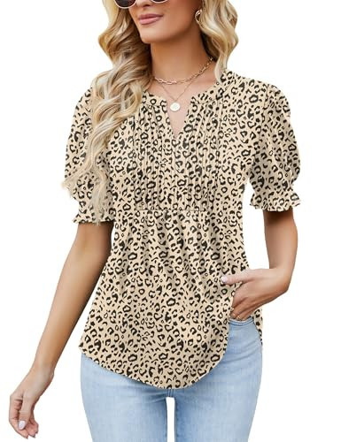 Ivicoer Animal Print Tops for Women Casual Spring V Neck Puff Sleeve Blouses Toos Boho Clothes Summer Shirts L | Amazon (US)