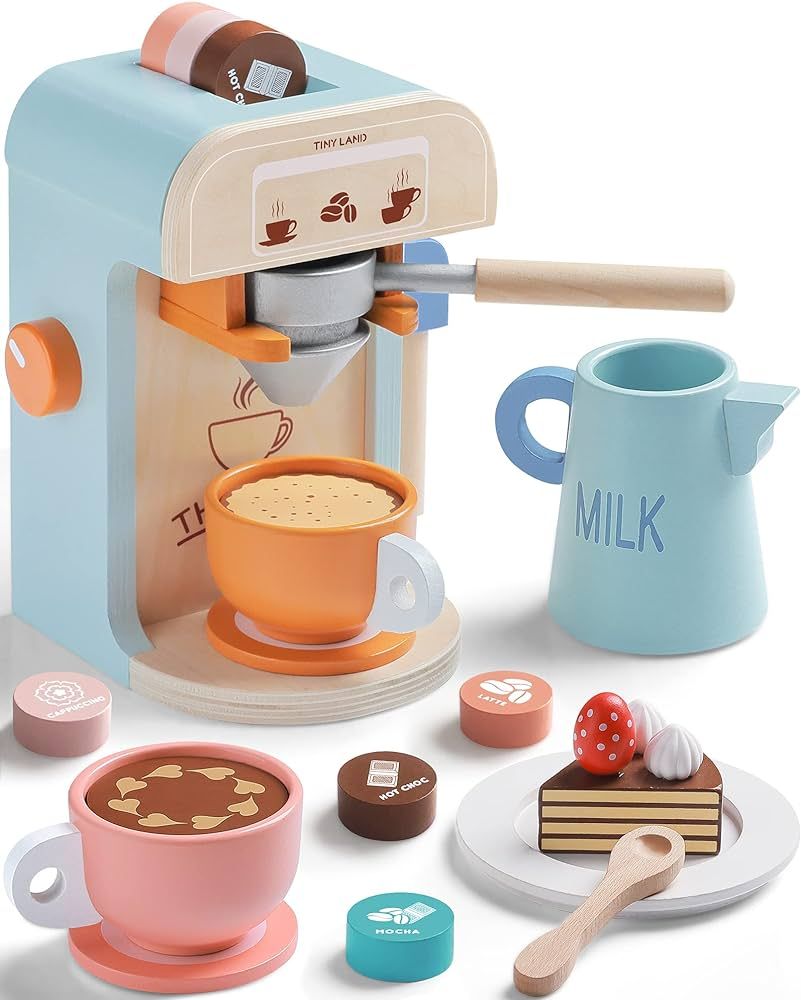 Tiny Land Kids Coffee Maker Wooden Kitchen Toys - 17Pcs Toy Coffee Maker Playset - Wooden Play To... | Amazon (US)