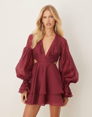 ASOS DESIGN organza pleated mini dress with blouson sleeves and cuff detailing in burgundy | ASOS (Global)