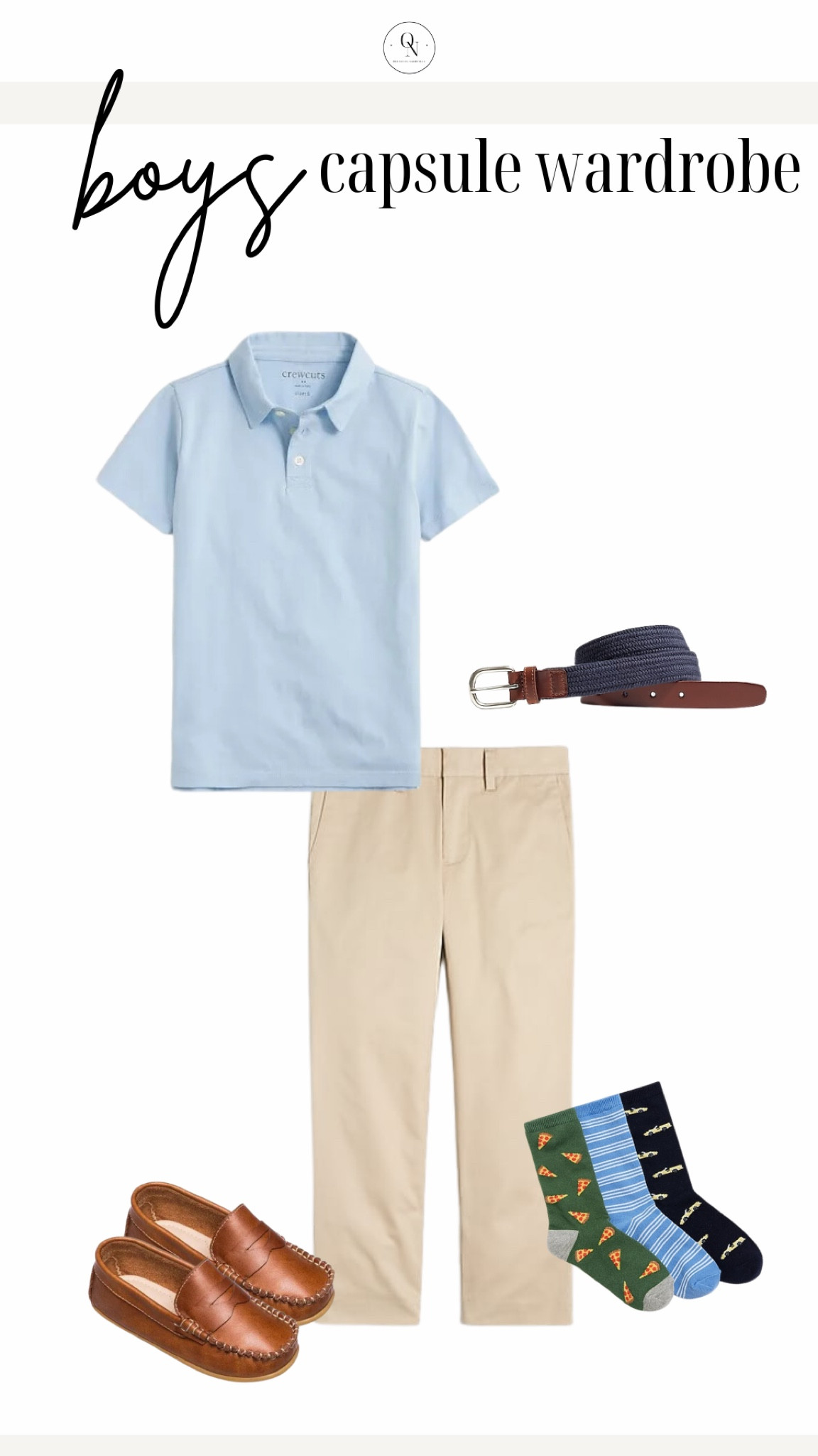 Dressy outfit from the Boys capsule wardrobe. Here is a list of recommended items with the number I suggest for each! Remember this is a jumping off point and you should go through your kids clothes and see what they have first before heading to the store.

5x Short Sleeve Tshirts // I recommend a mix of graphic and plain Tshirts.

4x Long Sleeve Tshirts // I recommend a mix of plain and stripe

2x polo shirts // solid blues work well here

Jackets // Windbreaker or rain coat and a pullover 

2x Denim // I recommend one dark and one light. We love target jeans and HM for our boys. 

2x Joggers in grey and navy

5x shorts // I recommend navy, khaki and grey as a base and then fill in with color and pattern for the remaining 3.

1x Dress pants // I love Jcrew for my joys.

Shoes // casual sandals that can get wet like keens, crocs or natives Dress shoes (we love loafers!) and sneakers.

Accessories: An easy to adjust belt, socks for sneakers and socks for dress shoes. 

Spring outfits, kids outfits, outfits for boys, boys capsule wardrobe, kids capsule wardrobe, spring capsule wardrobe, boys outfits