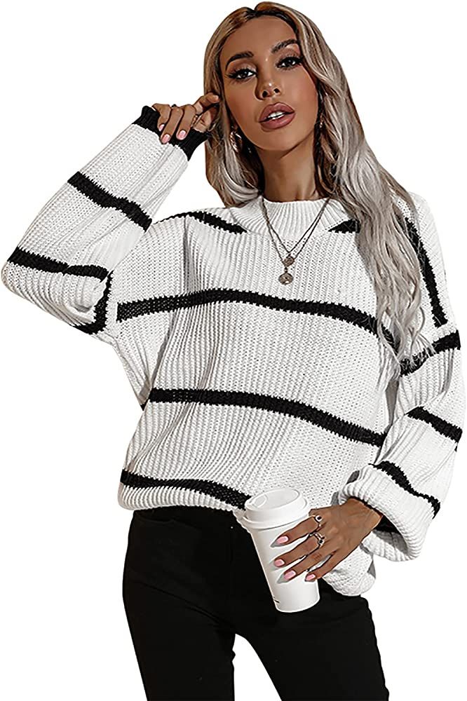 BIUBIU Women's Fashion Long Sleeve Striped Color Block Knitted Sweater Loose Oversized Pullover Jump | Amazon (US)