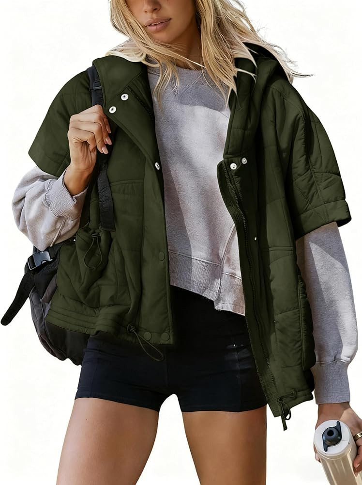 Zhiyouni Women's Quilted Puffer Vest Casual Hooded Short Sleeves Padded Jacket Poncho Outerwear | Amazon (US)