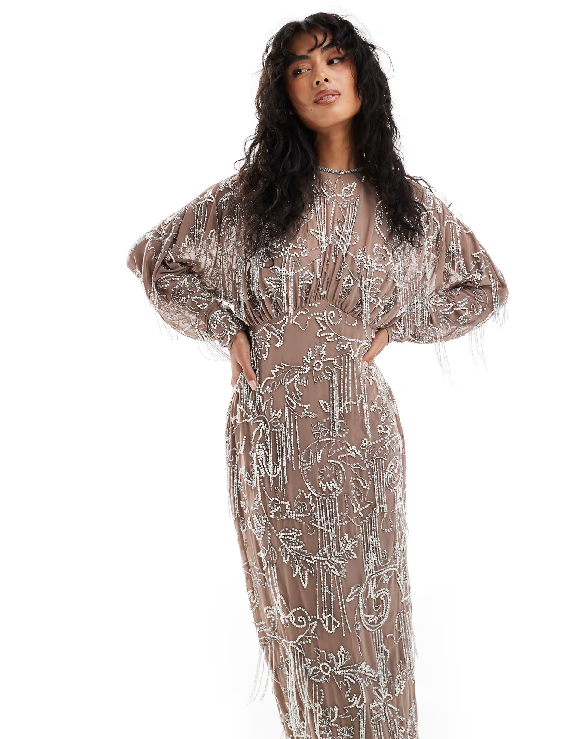 ASOS DESIGN long sleeve allover fringe embellished maxi dress in taupe | ASOS (Global)