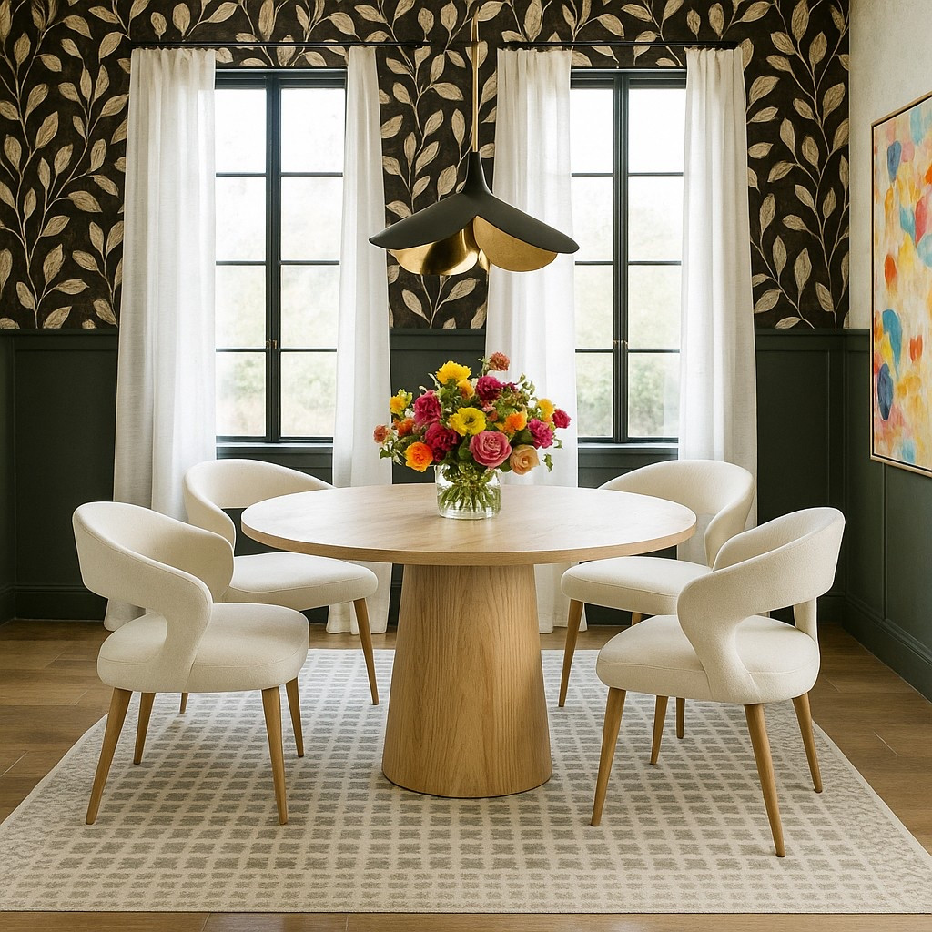 Bold, elegant, and full of personality, this dining room makes a statement with its rich floral wallpaper, deep green paneling, and modern light fixture. The soft curves of the ivory chairs and warm wood tones bring balance and comfort, making it the perfect space for stylish gatherings.

#LTKSaleAlert #LTKStyleTip #LTKHome