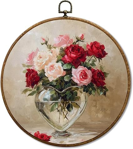 JUIOEIU Valentine's Day Rose Floral Round Wall Decor, Valentines Floral Framed Canvas Prints, Cot... | Amazon (US)