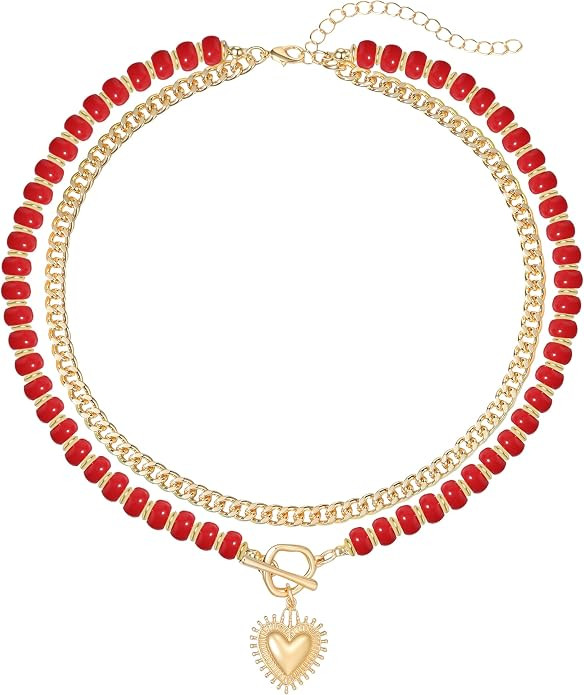 Layered Beaded Necklaces for Women,Colored Acrylic Beads Choker,Gold Heart Charm Pendant, Chunky ... | Amazon (US)