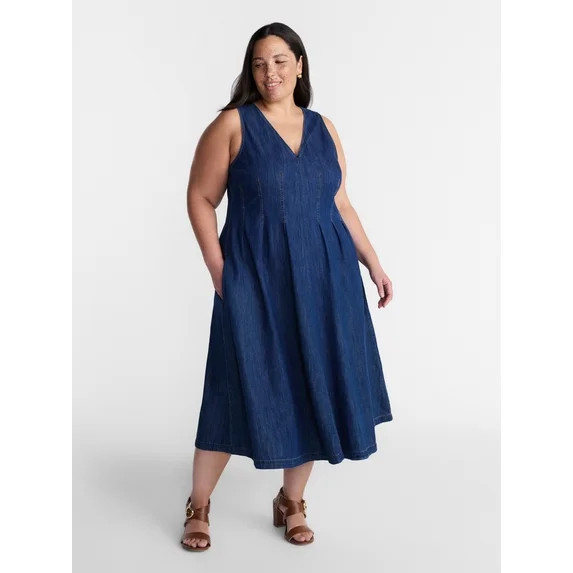Terra & Sky Women’s Plus Sleeveless Midi Fit and Flare Denim Dress, Sizes 0X-5X | Walmart (US)