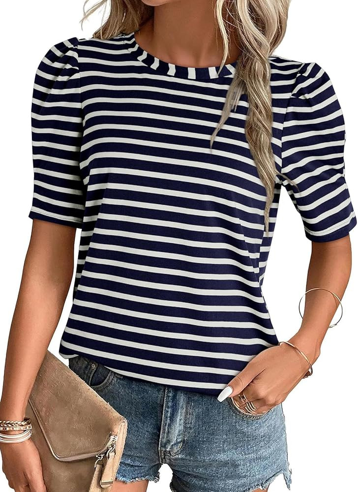 Dokotoo Women's Casual Short Puff Sleeve Crew Neck Striped T Shirts Summer Tops | Amazon (US)