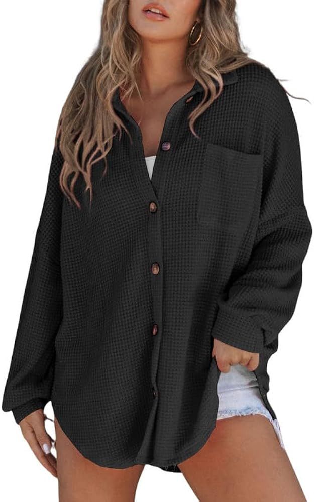 SHEWIN Women's Waffle Knit Button Down Shirts Casual Long Sleeve Shacket Jacket Boyfriend Tops Bl... | Amazon (US)