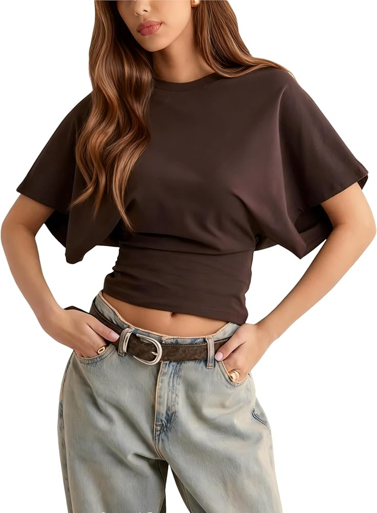 Lumister Shirts for Womens Crewneck Tighten Waist T-Shirt Casual Short Sleeve Workout Tops Solid ... | Amazon (US)