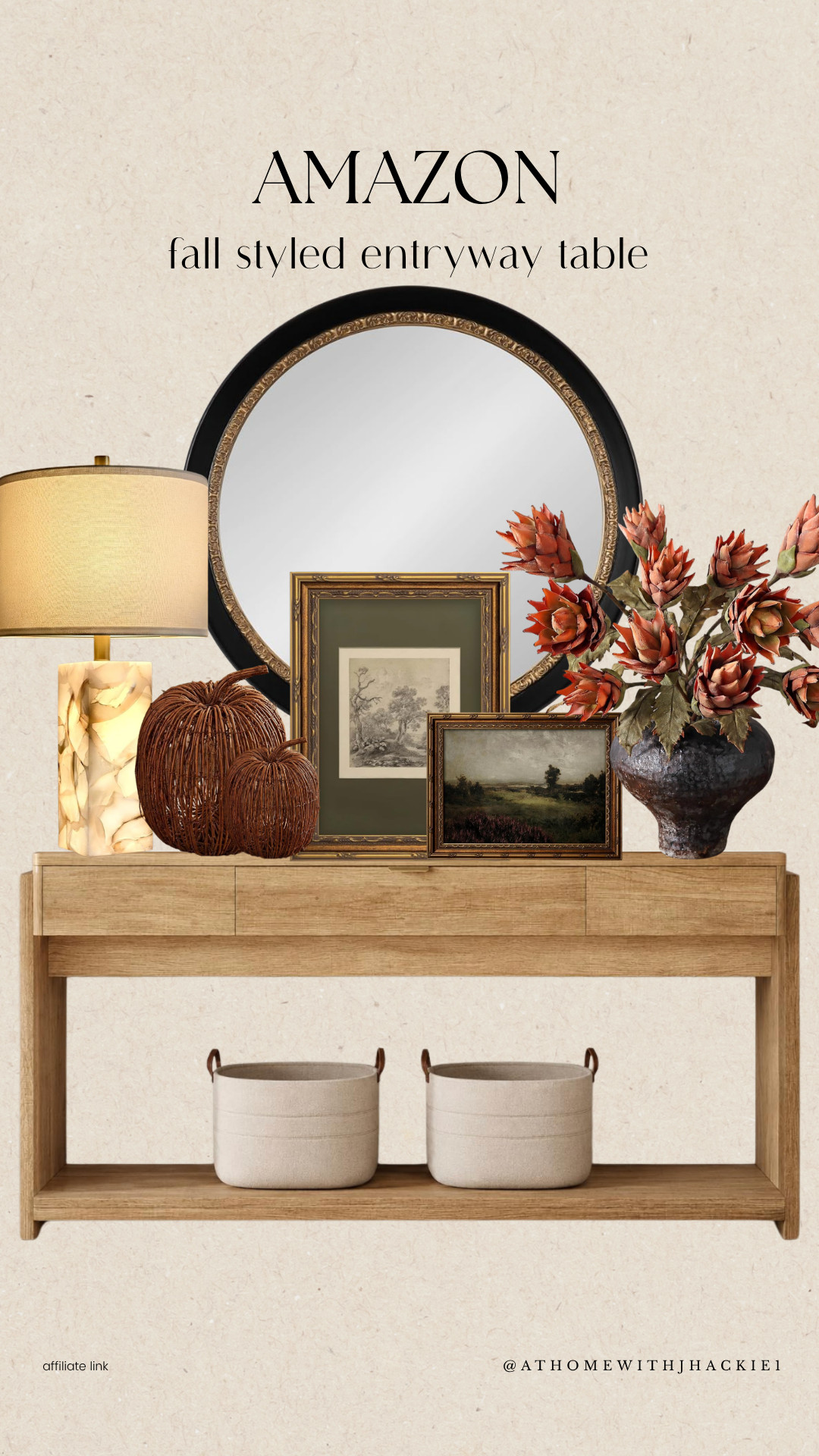 Amazon home decor, Amazon fall decor, Amazon entryway decor, fall entryway decor, fall console table, fall entryway table, entryway table styling, console table decor, fall console styling, neutral fall decor, warm fall decor, cozy fall home, fall home inspiration, Amazon home finds, entryway mirror, round wall mirror, wood console table, decorative pumpkins, wicker pumpkins, fall stems, faux fall florals, vintage wall art, vintage landscape art, table lamp, decorative vase, storage baskets, neutral home decor, traditional home decor, transitional home decor, elevated fall decor, designer Amazon finds 

 #LTKSeasonal #LTKHome