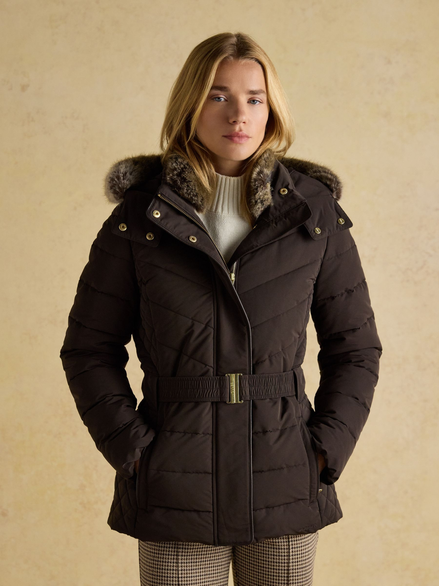 Aspen Brown Showerproof Padded Coat with Faux Fur Hood | Joules | Joules