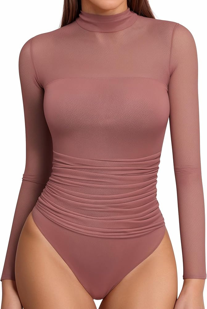 MANGOPOP Women's Mock Turtle Neck Bodysuit Mesh Ruched Short Long Sleeve Body Suit Sexy Sheer Tre... | Amazon (US)