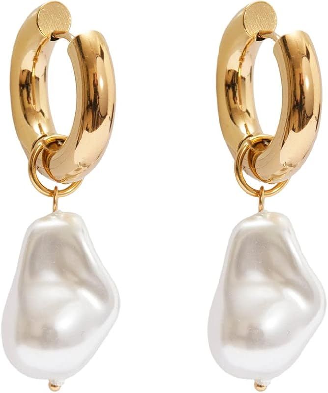 SABURI Daphne Pearl Drop Huggie for Women |18K Gold hoops with freshwater pearl | Hypoallergenic,... | Amazon (US)