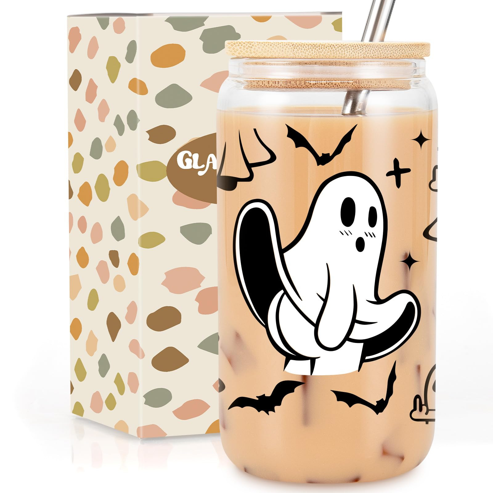 GSPY Halloween Ghost Glass Cups with Lids & Straws - Cute Spooky Iced Coffee Cup, 16 oz Middle Fi... | Amazon (US)
