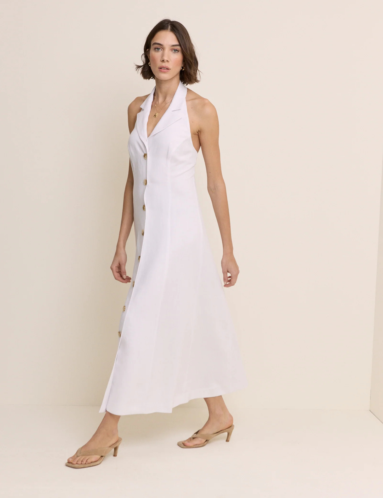 White Linen-Blend Halterneck Tailored Midi Dress | Nobody's Child