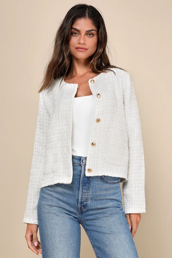 Posh Pursuits Ivory Tweed Collarless Jacket | Lulus
