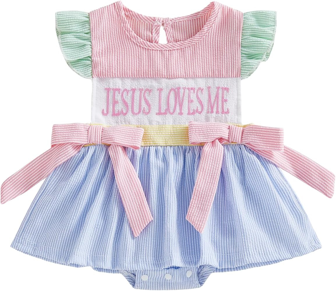 Baby Girl Christian Clothes Jesus Loves Me Romper Dress Ruffle Smocked Onesie Striped Jumpsuit Ea... | Amazon (US)