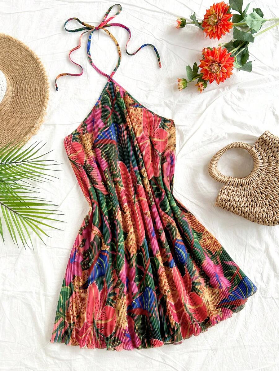 Soleia Women's Vacation Tropical Casual Floral Leaf Animal Print Ruched Texture Criss-Cross Halte... | SHEIN