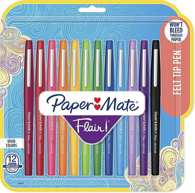 Paper Mate Flair Felt Tip Pens, Medium Point (0.7mm), Assorted Colors, 12 Count | Amazon (US)